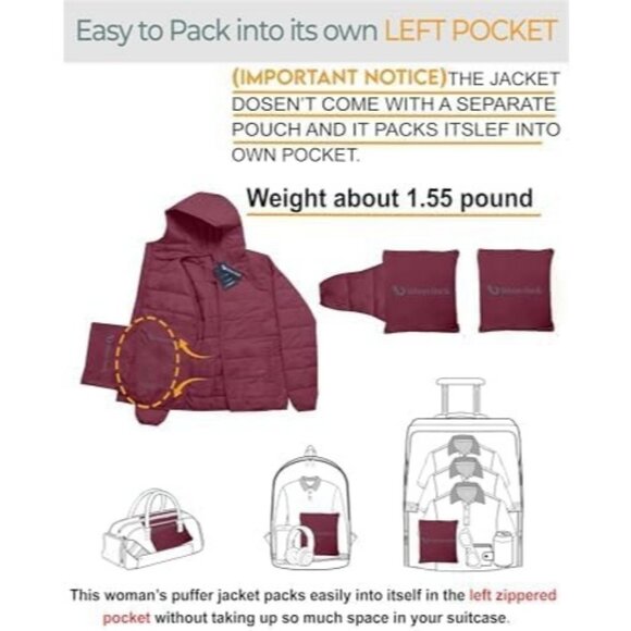 Women's Puffer Jacket Hood 32 Degree Quilted Winter Puff Foldable Jacket Red - Picture 5 of 7